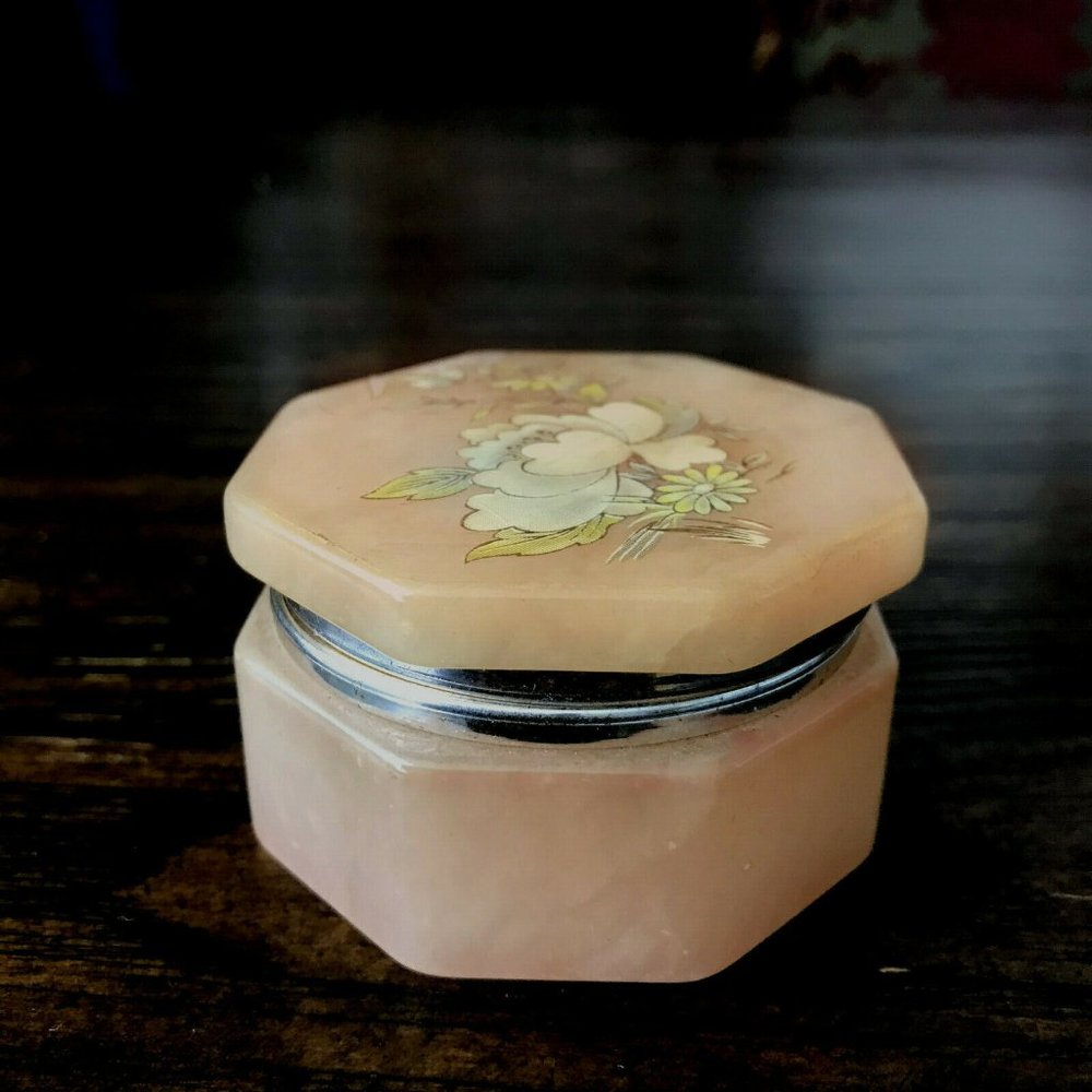 Vintage alabaster jewelry box with flowers pic